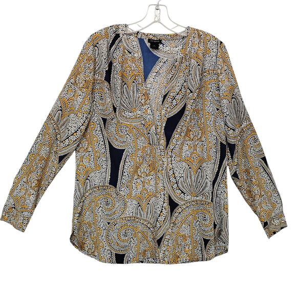 Ann Taylor Peasant Blouse Size Small Blue & Gold Paisley Giant Print Long Sleeve - Picture 3 of 5